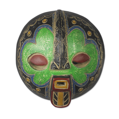 African wood and aluminum mask, 'Kgabu' - Handmade Sese Wood and Aluminum Wall Mask from Ghana