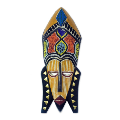 Máscara africana con cuentas de madera y vidrio reciclado, 'Sithembiso' - Sese Wood and Brass and Recycled Glass Beaded Mask