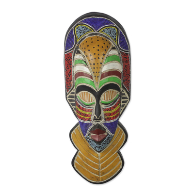 Máscara africana con cuentas de madera y vidrio reciclado, 'Sinethemba' - Sese Wood and Recycled Glass Beaded Wall Mask from Ghana