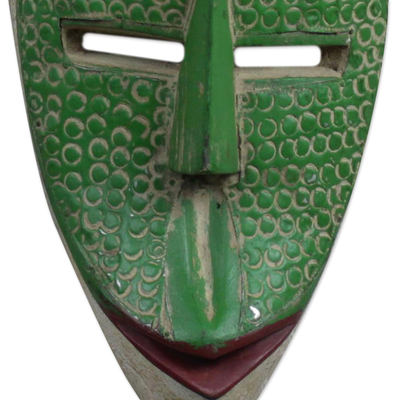 African wood mask, 'Zama' - Sese Wood Africa Mask in Green White and Black from Ghana
