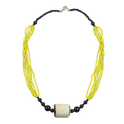 Yellow and Black Beaded Glass Horn Pendant Necklace