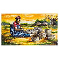 'Basket Weaver' - Signed Expressionist Painting of a Basket Weaver from Ghana