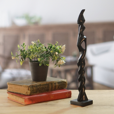 Ebony statuette, 'Coiled Charm' - Hand Carved Ebony Wood Abstract Woman Statuette from Ghana
