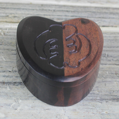 Ebony wood decorative box, 'Love of Adinkra' - Handmade Decorative Ebony Wood Heart Shaped Adinkra Box
