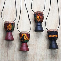Wood ornaments, 'Djembe Colors' (set of 4) - Sese Wood Djembe Drum Ornaments from Ghana (Set of 4)