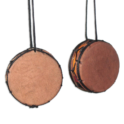 Leather ornaments, 'Bass Drum' (set of 4) - Handcrafted Leather and Wood Bass Drum Ornaments (Set of 4)
