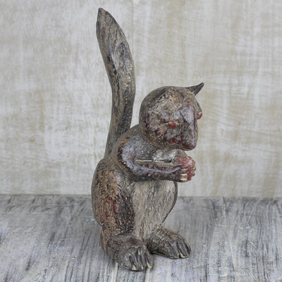 Wood sculpture, 'Lucky Squirrel' - Hand Crafted Sese Wood Lucky Squirrel Sculpture from Ghana
