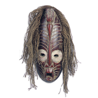African wood mask, 'Whisper of the Dove' - Hand Crafted African Sese Wood Oblong Mask with Dove Head