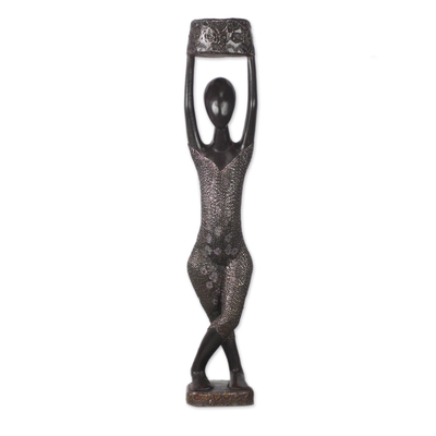 Wood sculpture, 'Beautiful Midnight' - Hand Carved African Sese Wood Sculpture with Aluminum