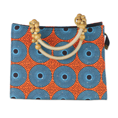 Cotton handle handbag, 'Sunset Spring' - Handmade Cotton Handle Handbag Sese Wood Accents West Africa