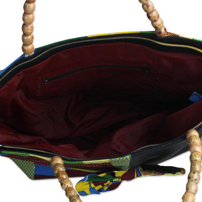 Cotton and faux leather handle handbag, 'Floating Abstraction' - Handmade 100% Cotton and Synthetic Leather Shoulder Bag