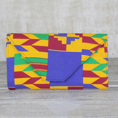Cotton clutch bag, 'Kente Clutch' - Handmade Cotton Kente Geometric Multicolor Clutch Bag