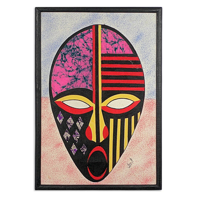 Cotton batik collage, 'To Be Alive' - Oil on Cotton African Mask Batik Collage from Ghana