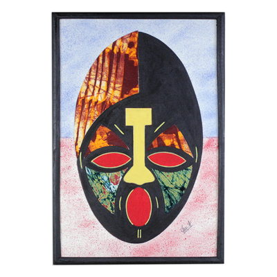 Cotton batik collage, 'Pure Wisdom' - Ghanaian Batik African Mask Oil on Cotton Collage