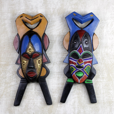 African wood masks, 'Good and Beautiful' (pair) - 2 Hand Carved Rubberwood African Masks from Ghana