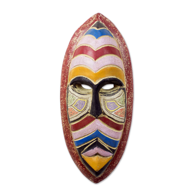 African wood and recycled glass bead mask, 'Accra Adventure' - Wood and Recycled Glass Beaded Wall Mask Carved in Ghana