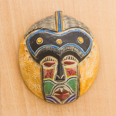 African wood, recycled glass bead, and aluminum mask, 'Funa' - Wood and Recycled Glass Beaded Wall Mask Carved in Ghana