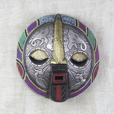 African wood, recycled glass beads, and aluminum mask, 'Kharyisile' - Ghanaian Aluminum and Recycled Glass Beaded Animal Wall Mask