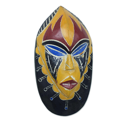 Afrikanische Holzmaske - Handgeschnitzte braune und gelbe afrikanische Maske aus Ghana