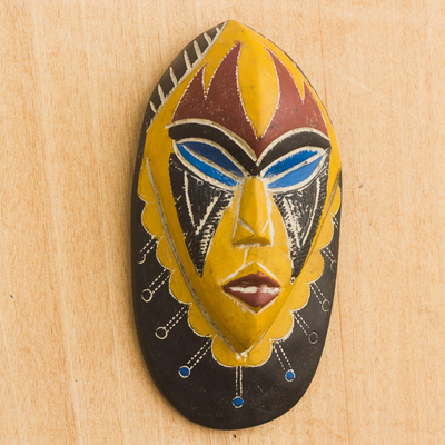 African wood mask, 'Joy and Happiness' - Hand Carved Brown and Yellow African Mask from Ghana