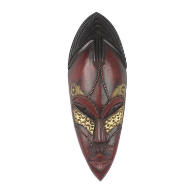 Wood and Brass Wall Mask Hand Carved in Ghana