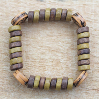 Wood and recycled plastic beaded stretch bracelet, 'Sharing Ife' - Wood and Recycled Plastic Beaded Stretch Bracelet from Ghana