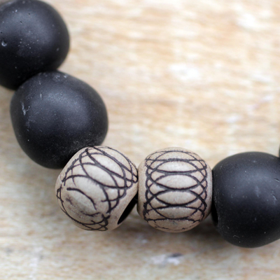 Wood and recycled plastic beaded stretch bracelet, 'Oredun' - Wood and Recycled Plastic Beaded Bracelet from Ghana