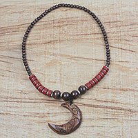 Wood and recycled plastic beaded pendant necklace, 'Kae Me Moon' - Wood and Recycled Plastic Beaded Pendant Necklace from Ghana