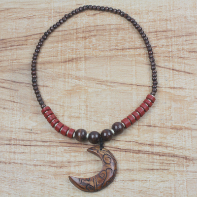 Wood and recycled plastic beaded pendant necklace, Kae Me Moon