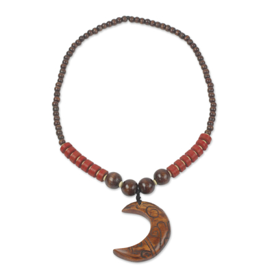 Wood and recycled plastic beaded pendant necklace, 'Kae Me Moon' - Wood and Recycled Plastic Beaded Pendant Necklace from Ghana