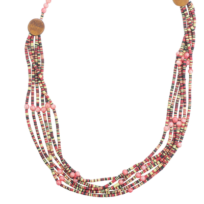 Recycled plastic and wood beaded necklace, 'Wo Ye Me De' - Recycled Bead and Sese Wood Multi-Strand Necklace