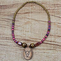 Wood and recycled glass beaded pendant necklace, Bovine Beauty