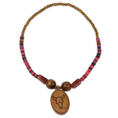 Wood and recycled glass beaded pendant necklace, 'Bovine Beauty' - Wood and Recycled Plastic Beaded Pendant Necklace from Ghana