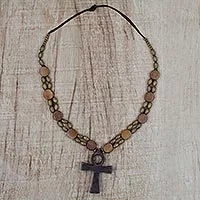 Wood pendant necklace, 'Odofa Me Ko' - Adjustable Sese Wood Beaded Ankh Pendant Necklace