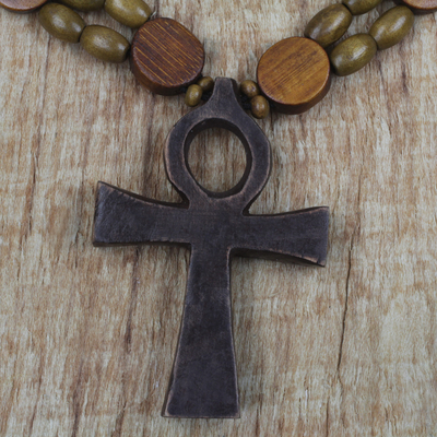 Collar con colgante de madera - Collar con colgante de ankh con cuentas de madera de sese ajustable