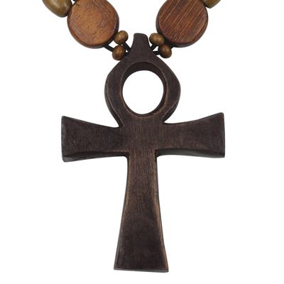 Wood pendant necklace, 'Odofa Me Ko' - Adjustable Sese Wood Beaded Ankh Pendant Necklace