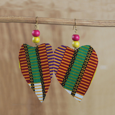 Cotton and wood dangle earrings, 'Grateful Heart' - Heart Shaped Cotton Print Sese Wood Dangle Earrings