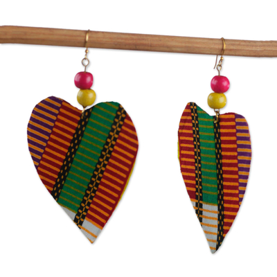 Heart Shaped Cotton Print Sese Wood Dangle Earrings