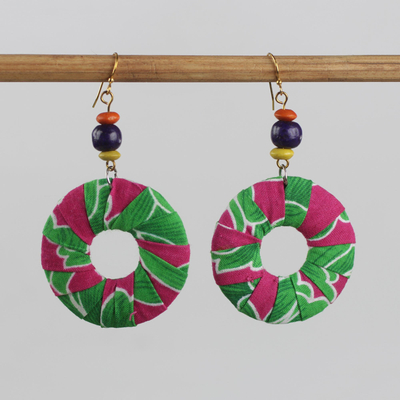 Pendientes colgantes de algodón y madera - Pendientes colgantes circulares con cuentas de algodón multicolor