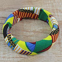 Wood and cotton bangle bracelet, 'Great Wisdom' - Wrapped Multi-Colored Cotton Sese Wood Bangle Bracelet