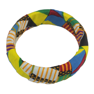 Wood and cotton bangle bracelet, 'Great Wisdom' - Wrapped Multi-Colored Cotton Sese Wood Bangle Bracelet