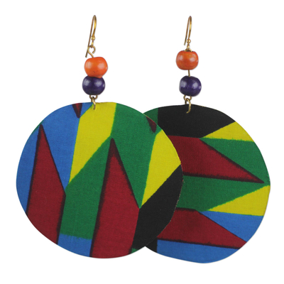 Cotton dangle earrings, 'Quiet Grace' - Multi-Colored Cotton Print Fabric Sese Wood Dangle Earrings