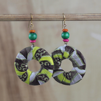 Cotton dangle earrings, 'Lovely Circles' - Cotton Fabric Print and Sese Wood Beaded Circle Earrings