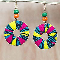 Cotton dangle earrings, 'Royal Circles' - Beaded Cotton African Print Circle Earrings with Brass Hooks