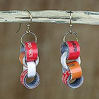 Recycled paper and wood dangle earrings, 'Eco Nkonson'