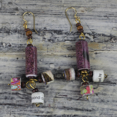 Recycled paper and wood dangle earrings, 'Into the Beyond' - Handcrafted Recycled Paper and Wood Earrings from Ghana