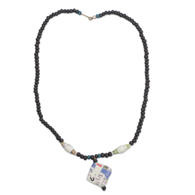 Recycled Paper and Wood Beaded Pendant Necklace from Ghana