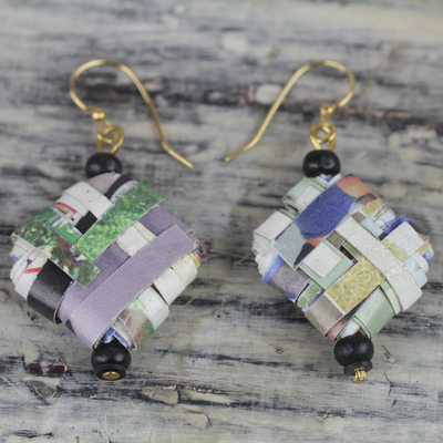 Recycled paper and wood dangle earrings, 'Thinking of Home' - Colorful Recycled Paper and Wood Dangle Earrings from Ghana