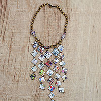 Recycled paper and wood beaded waterfall necklace, 'Eco Gift' - Recycled Paper and Sese Wood Waterfall Necklace from Ghana