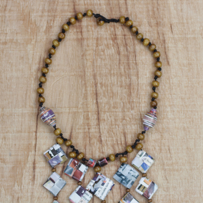 Recycled paper and wood beaded waterfall necklace, 'Eco Gift' - Recycled Paper and Sese Wood Waterfall Necklace from Ghana